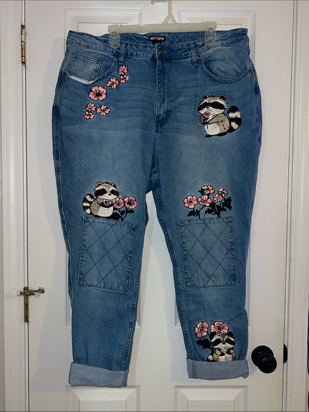 Hot Topic Blue Denim Boyfriend Jeans with Raccoon & Pink Floral Embroidery